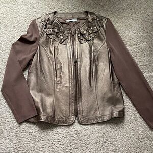 Peter Nygard Metallic Brown Leather Jacket with Floral Details